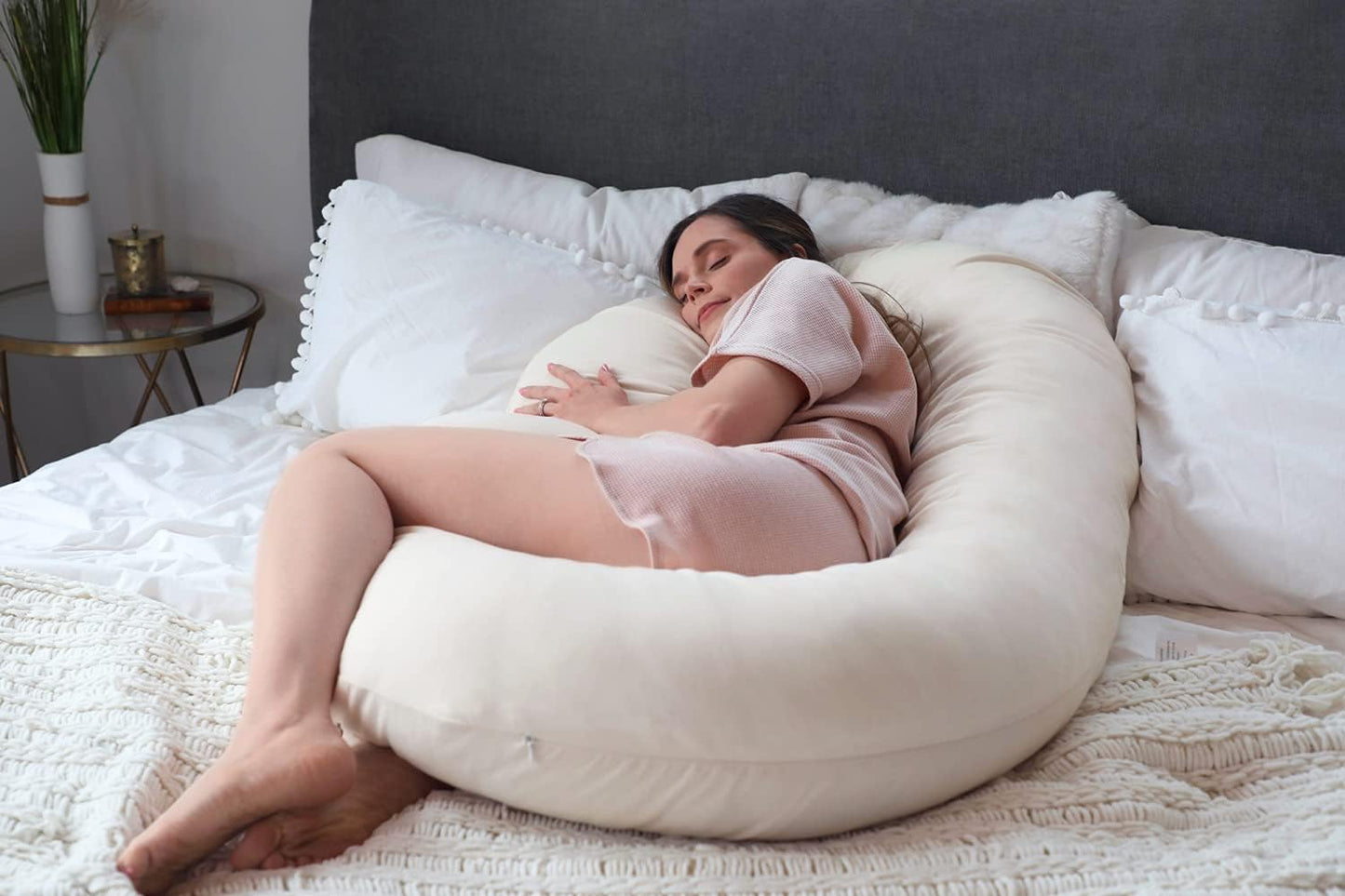 Pregnancy Pillows, C-Shape Full Body Pillow – Jersey Cover Beige – Pregnancy Pillows for Sleeping – Body Pillows for Adults, Maternity Pillow and Pregnancy Must Haves, New Mom Gifts