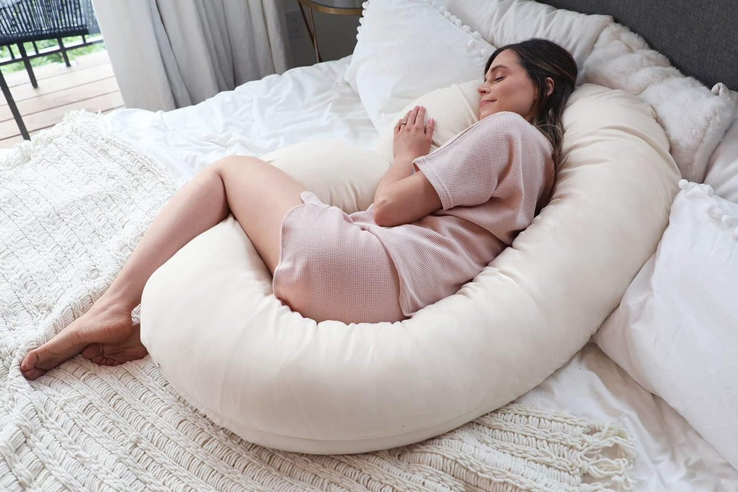 Pregnancy Pillows, C-Shape Full Body Pillow – Jersey Cover Beige – Pregnancy Pillows for Sleeping – Body Pillows for Adults, Maternity Pillow and Pregnancy Must Haves, New Mom Gifts